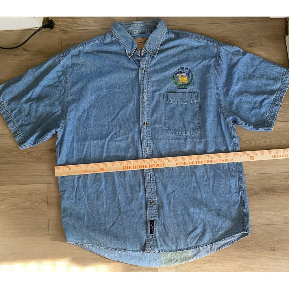 Port Authority Mens 2XL H&M Landing San Diego Sportfishing Blue Chambray Shirt